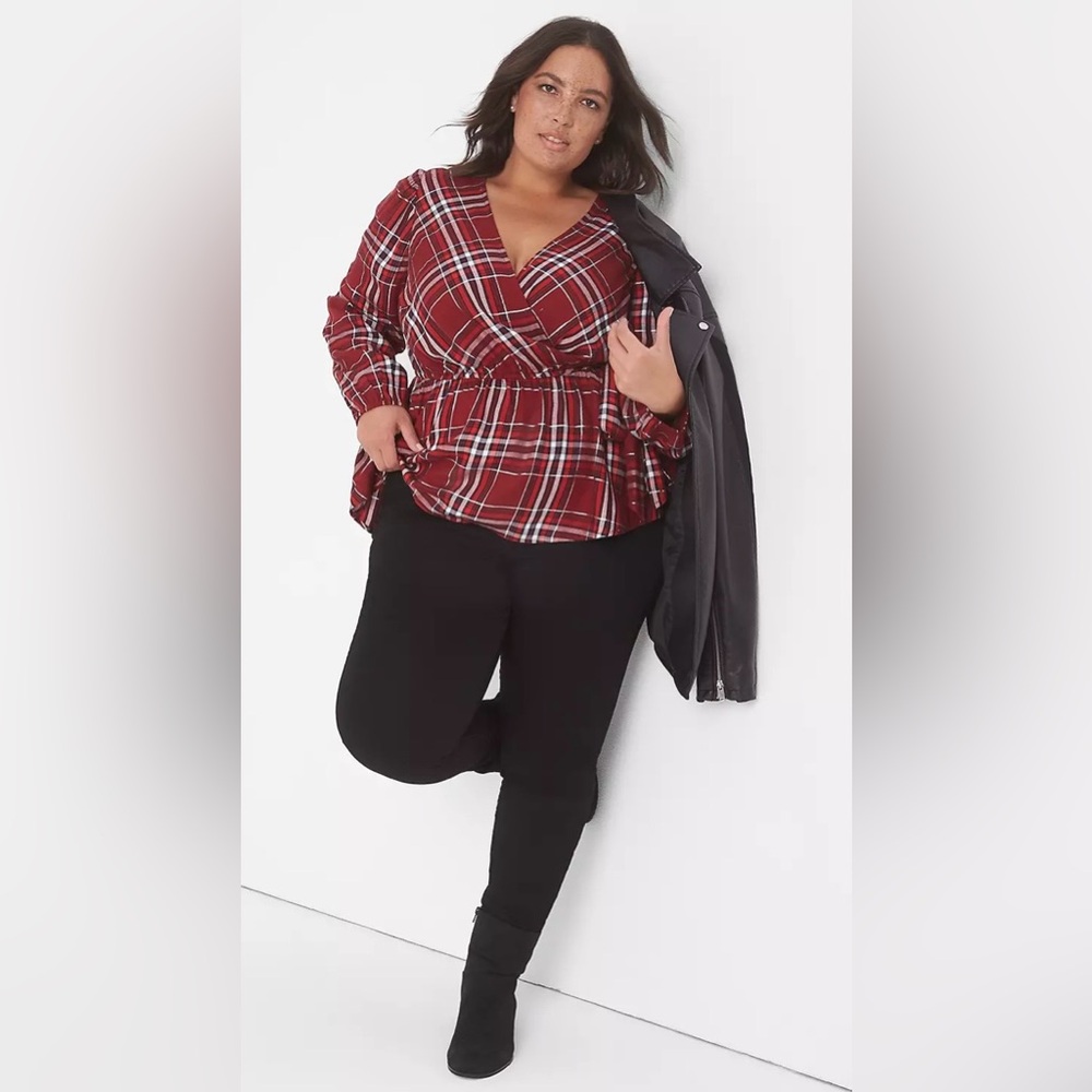 Lane Bryant Classic Surplice-Neck Peplum Top Red Combo Plaid Plus Size 20 NEW